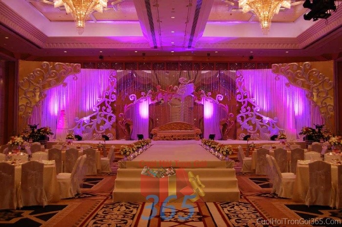 dịch vụ cưới hỏi trọn gói - Backdrop hoa sân khấu đám cưới tông màu trắng tím nhẹ nhàng trang trí từ voan, phSKNH18