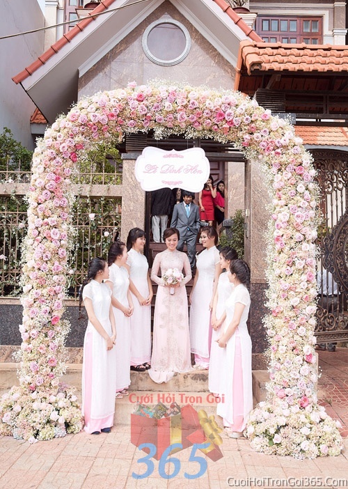 dịch vụ cưới hỏi trọn gói - Cho thuê đội ngũ nhân viên nam nữ bưng mâm quả màu trắng hồng pastel ngày đám cưới, lễ ăn hỏi BQNU05