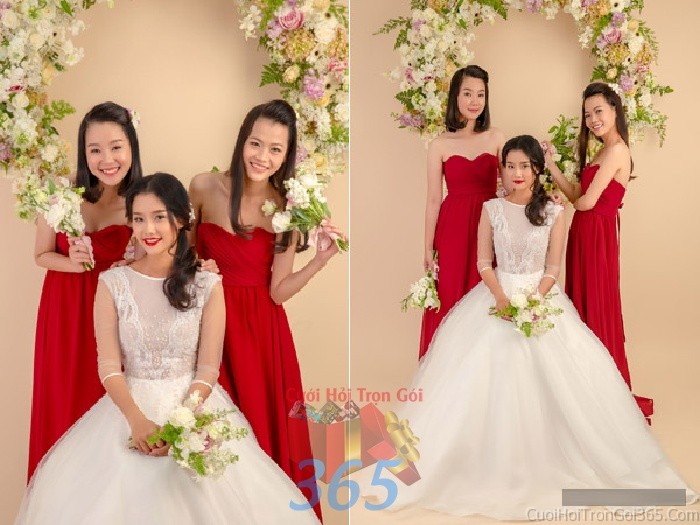 dịch vụ cưới hỏi trọn gói - Cho thuê đồng phục váy dạ hội màu đỏ quyến rũ cho cô dâu phụ hoặc bưng mâm quả ngày đám cướiDP10