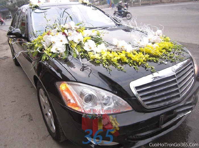 Cho thuê xe cưới 4 chỗ 7 chỗ màu đen kết hoa phông lan vàng trắng để đón rước dâu ngày đám cưới X7C03 : Mẫu cưới hỏi trọn gói 365 của công ty dịch vụ trang trí nhà tiệc cưới hỏi đẹp rẻ uy tín ở tại quận Tân Phú Sài Gòn TPHCM Gò Vấp