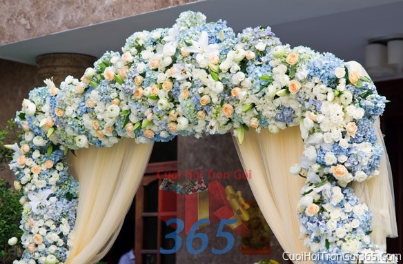 Cổng cưới hoa tươi tông màu xanh lam kết đẹp, sang trọng từ hoa tươi và dây voan CHT12 : Mẫu cưới hỏi trọn gói 365 của công ty dịch vụ trang trí nhà tiệc cưới hỏi đẹp rẻ uy tín ở tại quận Tân Phú Sài Gòn TPHCM Gò Vấp