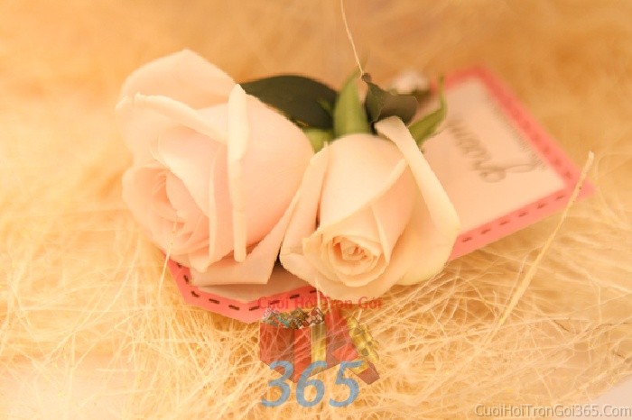 dịch vụ cưới hỏi trọn gói - Hoa cài áo chú rể hoa hồng trắng màu hợp tông với cô dâu tươi đẹp, tinHCA01
