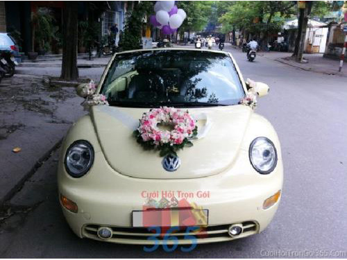 Shop dịch vụ cưới hỏi cưới hỏi 365 | công ty, shop cưới hỏi: trang trí nhà đám cưới, bàn thờ gia tiên, cắt dán chữ; cổng hoa tươi, cổng hoa vải, hoa cầm tay, hoa để bàn, hoa trang trí ngày cưới; mâm quả cưới hỏi, nhân sự bưng quả ; cho thuê bàn ghế, nhà bạt, khung rạp - Cho thuê xe cưới 4 chỗ màukem độc lạ dễ thương với hoa vòng tròn nhỏ xinh trắng hồng để đón rướcX4C42