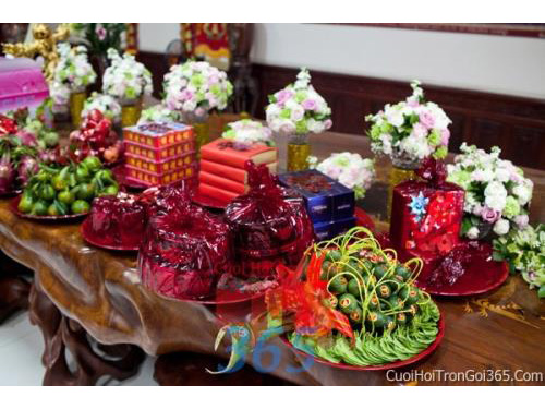 Mâm quả cưới hỏi trọn gói làm nghi lễ đính hôn, đám cưới rước dâu MQ06 : Mẫu cưới hỏi trọn gói 365 của công ty dịch vụ trang trí nhà tiệc cưới hỏi đẹp rẻ uy tín ở tại quận Tân Phú Sài Gòn TPHCM Gò Vấp