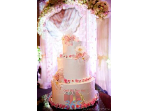 Trang trí bánh kem tông trắng hồng pastel với hoa tươi hồng, phong lan, cẩm chướng cho sân khấu tiệc nhà hàng ngày đám cướiTRBC27 : Mẫu cưới hỏi trọn gói 365 của công ty dịch vụ trang trí nhà tiệc cưới hỏi đẹp rẻ uy tín ở tại quận Tân Phú Sài Gòn TPHCM Gò Vấp