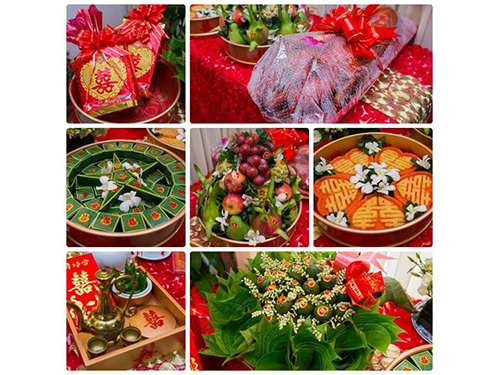 Shop dịch vụ cưới hỏi cưới hỏi 365 | công ty, shop cưới hỏi: trang trí nhà đám cưới, bàn thờ gia tiên, cắt dán chữ; cổng hoa tươi, cổng hoa vải, hoa cầm tay, hoa để bàn, hoa trang trí ngày cưới; mâm quả cưới hỏi, nhân sự bưng quả ; cho thuê bàn ghế, nhà bạt, khung rạp - Trọn gói 6 mâm quả lễ vật cưới hỏi bày trí đẹp MQ70
